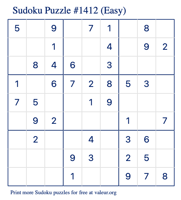 Free Printable Easy Sudoku Puzzle number 1412