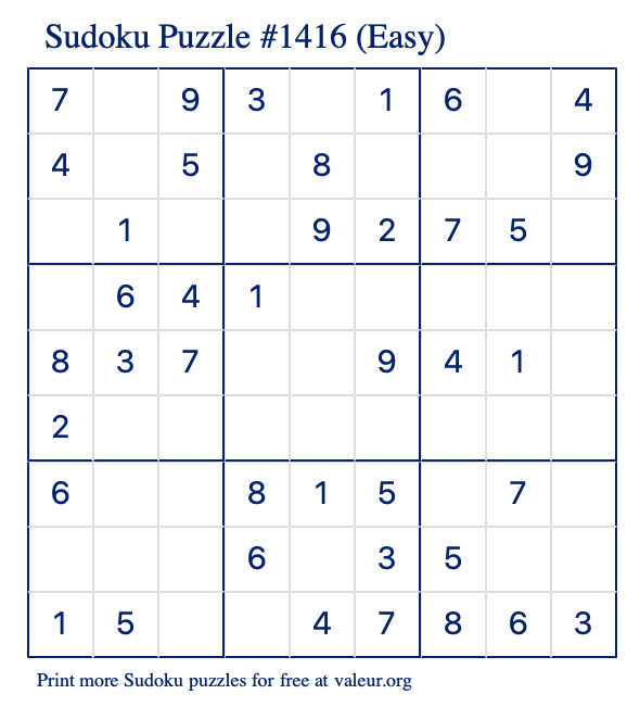 Free Printable Easy Sudoku Puzzle number 1416