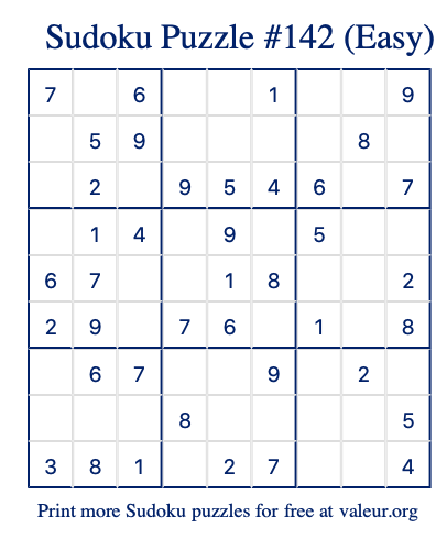 Free Printable Easy Sudoku Puzzle number 142