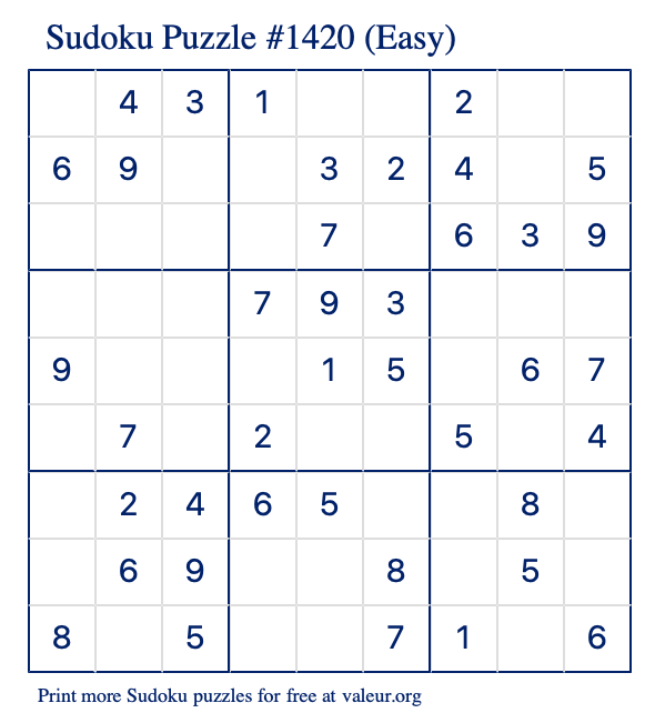 Free Printable Easy Sudoku Puzzle number 1420