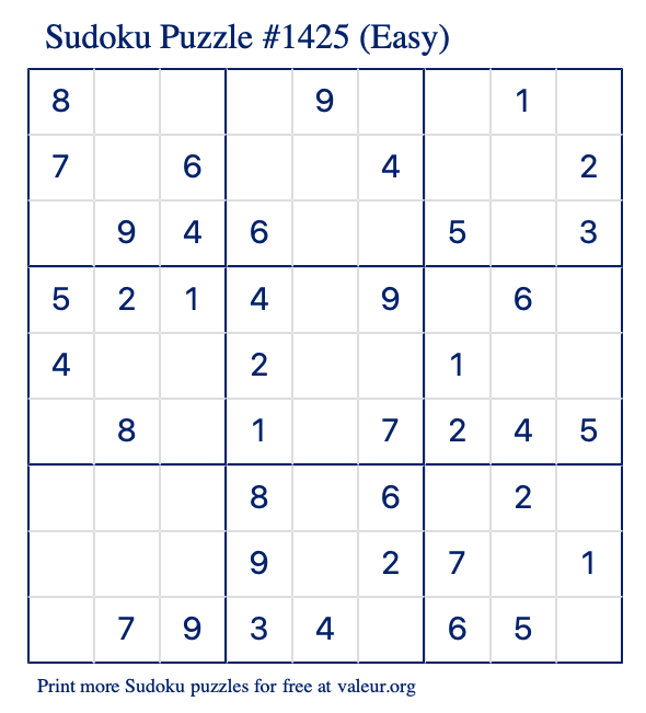 Free Printable Easy Sudoku Puzzle number 1425