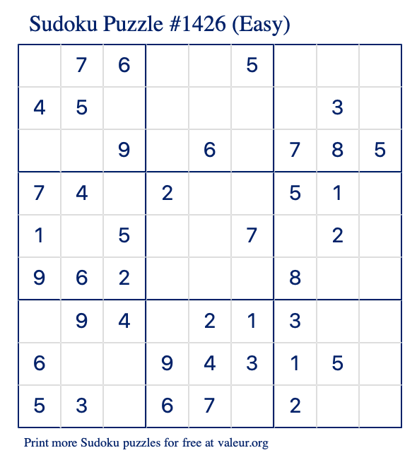 Free Printable Easy Sudoku Puzzle number 1426