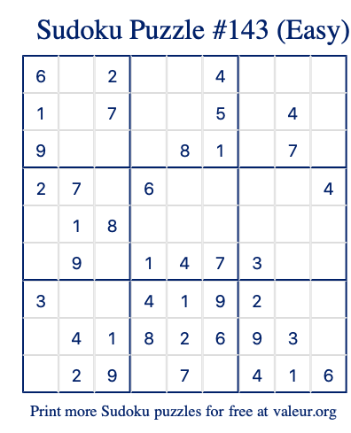 Free Printable Easy Sudoku Puzzle number 143