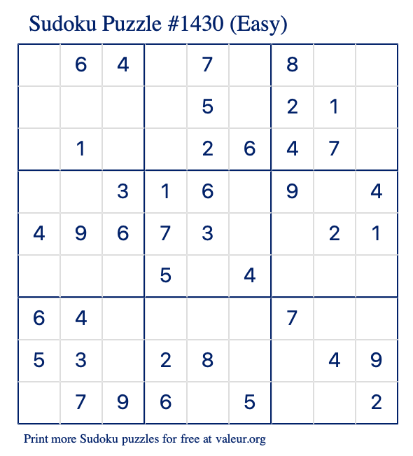 Free Printable Easy Sudoku Puzzle number 1430