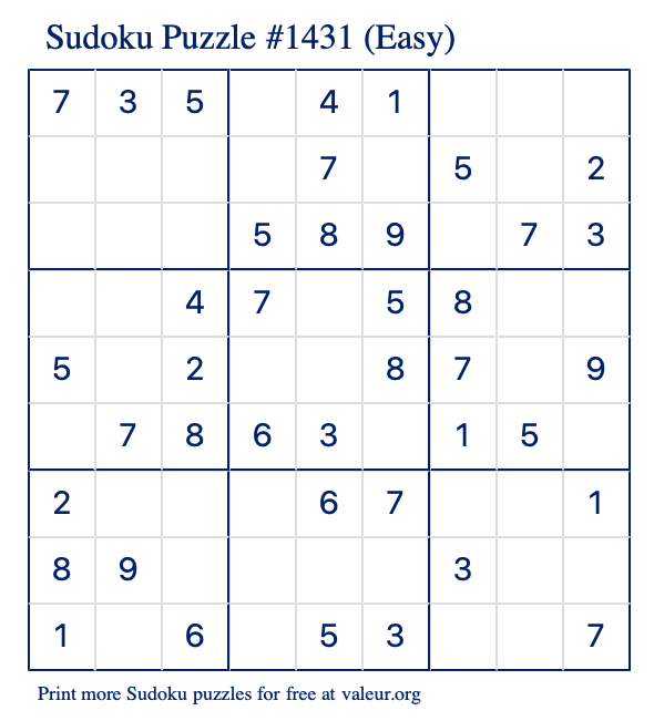 Free Printable Easy Sudoku Puzzle number 1431