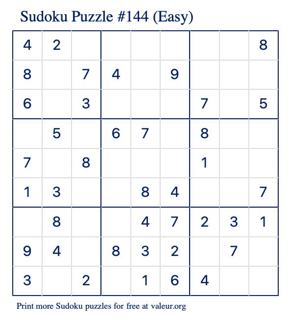 Free Printable Easy Sudoku Puzzle number 144