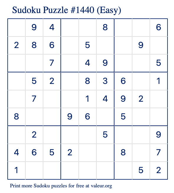 Free Printable Easy Sudoku Puzzle number 1440