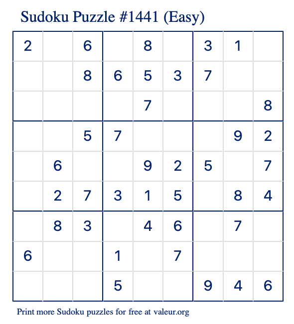 Free Printable Easy Sudoku Puzzle number 1441