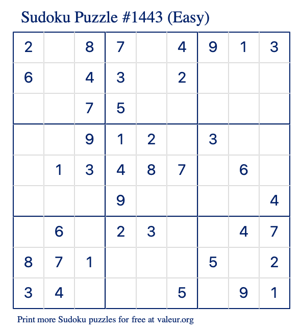 Free Printable Easy Sudoku Puzzle number 1443