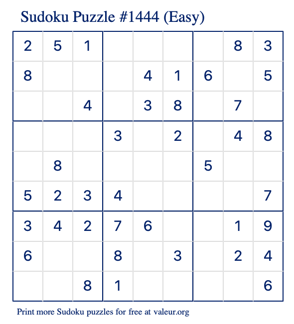 Free Printable Easy Sudoku Puzzle number 1444