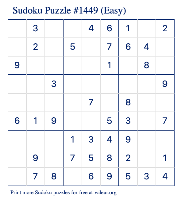 Free Printable Easy Sudoku Puzzle number 1449