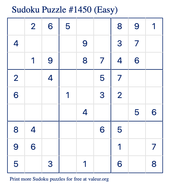 Free Printable Easy Sudoku Puzzle number 1450