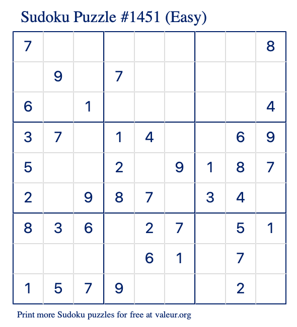 Free Printable Easy Sudoku Puzzle number 1451