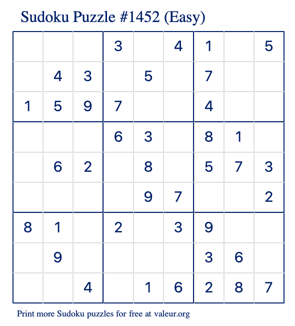 Free Printable Easy Sudoku Puzzle number 1452