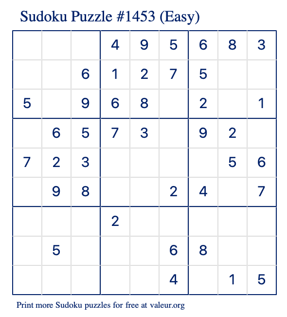 Free Printable Easy Sudoku Puzzle number 1453