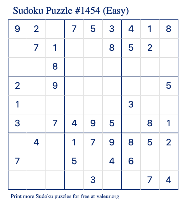 Free Printable Easy Sudoku Puzzle number 1454