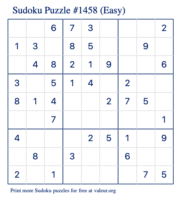 Free Printable Easy Sudoku Puzzle number 1458