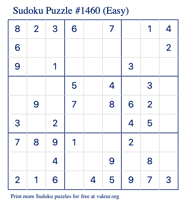 Free Printable Easy Sudoku Puzzle number 1460