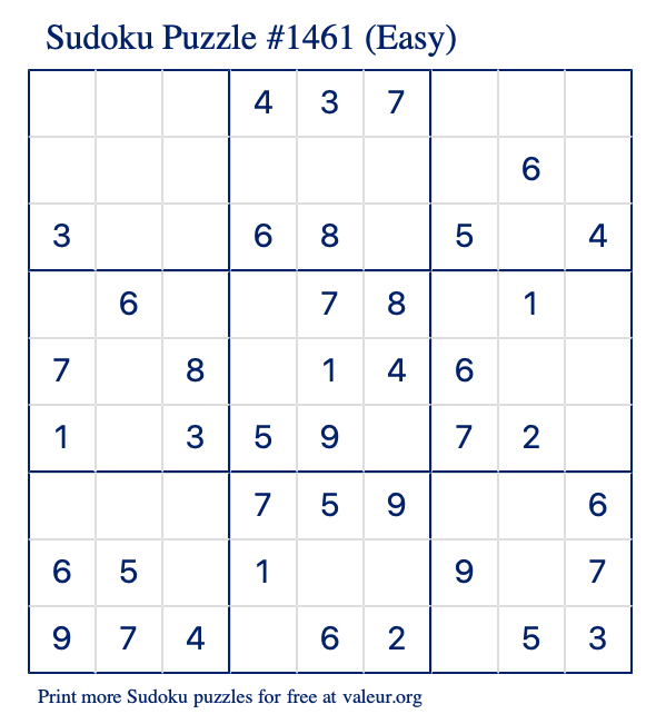 Free Printable Easy Sudoku Puzzle number 1461
