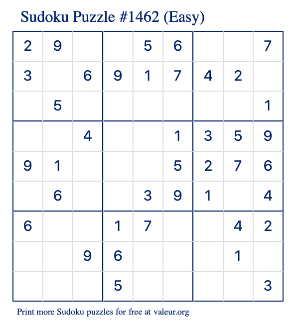 Free Printable Easy Sudoku Puzzle number 1462