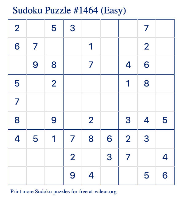Free Printable Easy Sudoku Puzzle number 1464