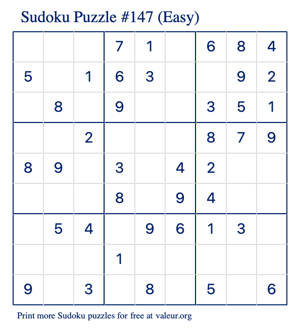 Free Printable Easy Sudoku Puzzle number 147