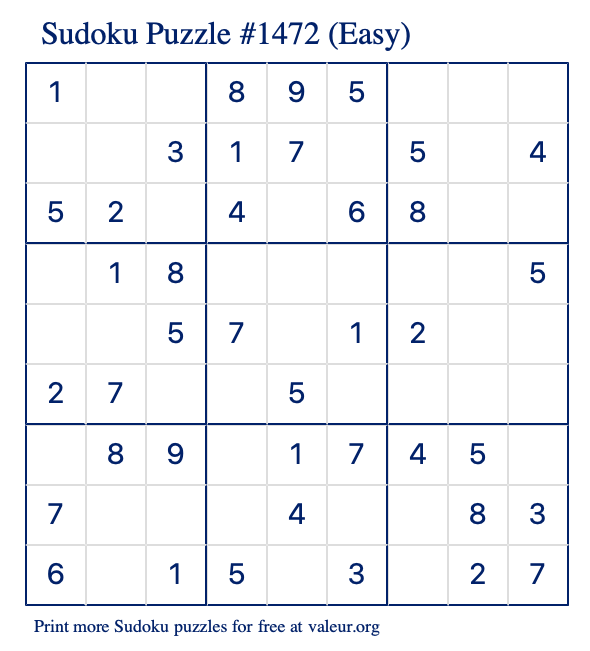 Free Printable Easy Sudoku Puzzle number 1472
