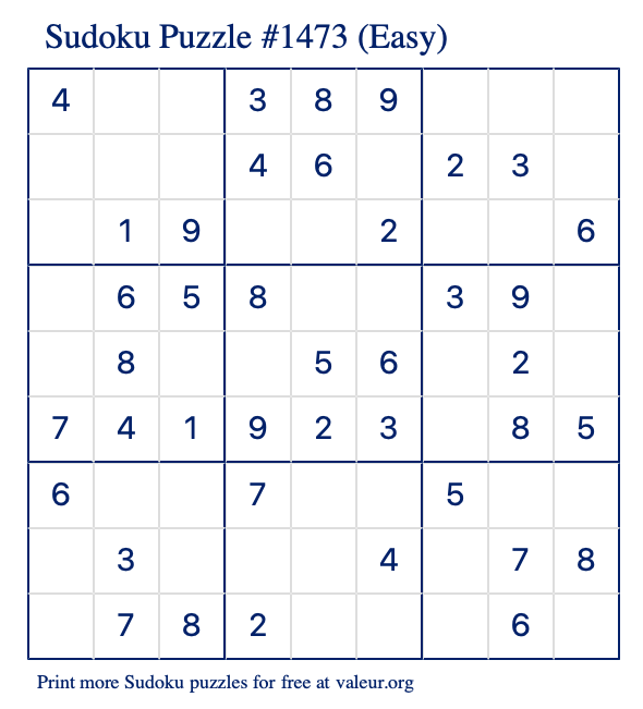 Free Printable Easy Sudoku Puzzle number 1473