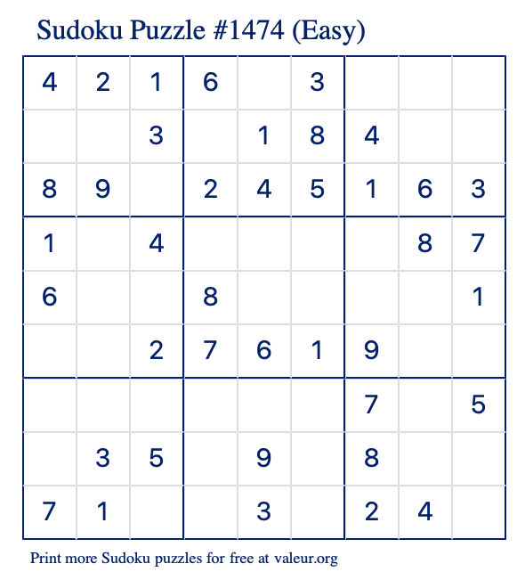 Free Printable Easy Sudoku Puzzle number 1474
