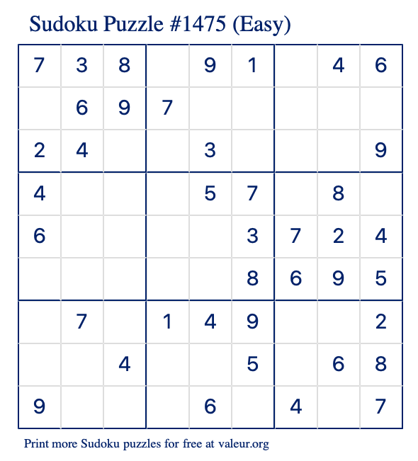Free Printable Easy Sudoku Puzzle number 1475