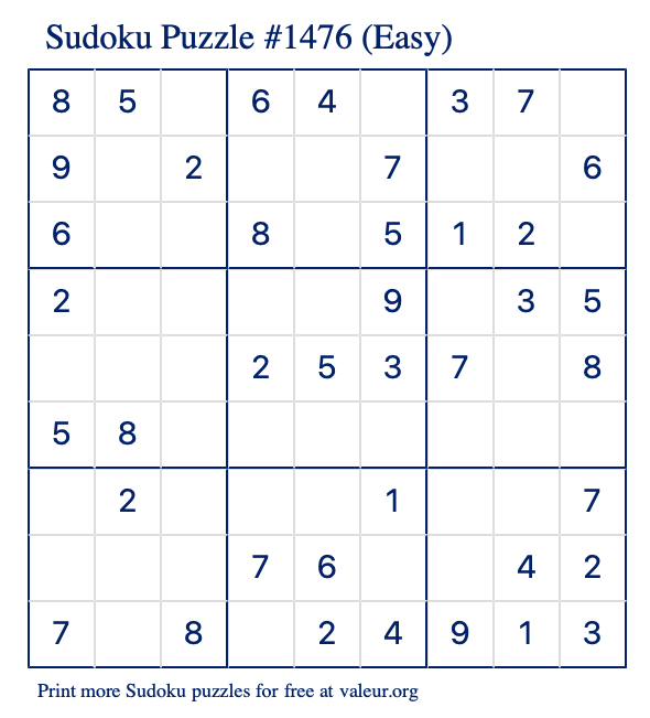 Free Printable Easy Sudoku Puzzle number 1476