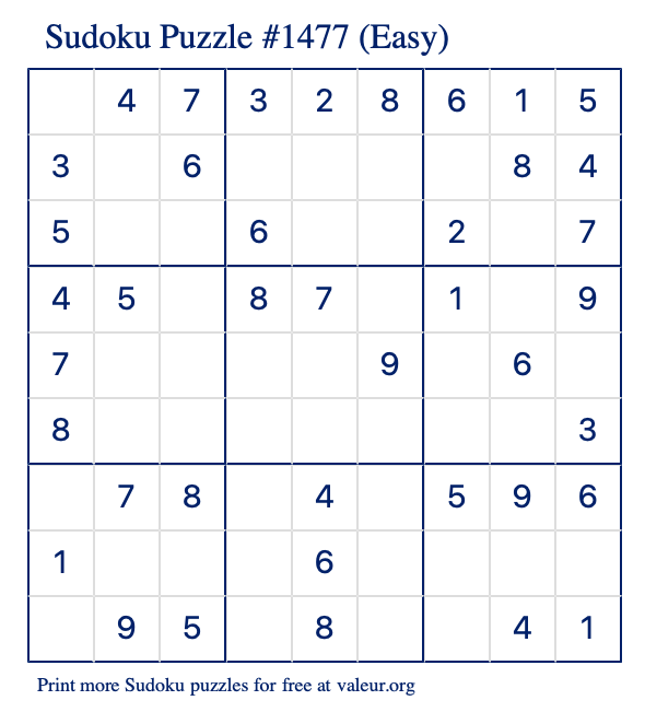 Free Printable Easy Sudoku Puzzle number 1477
