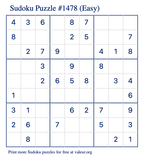 Free Printable Easy Sudoku Puzzle number 1478