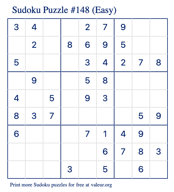 Free Printable Easy Sudoku Puzzle number 148