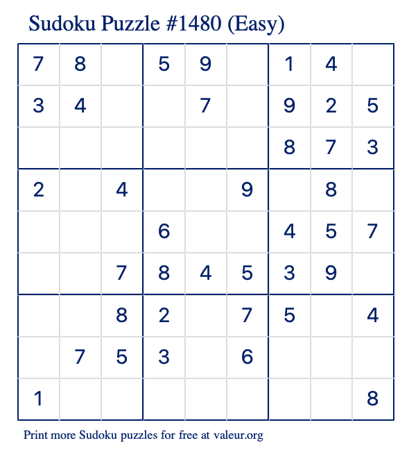 Free Printable Easy Sudoku Puzzle number 1480