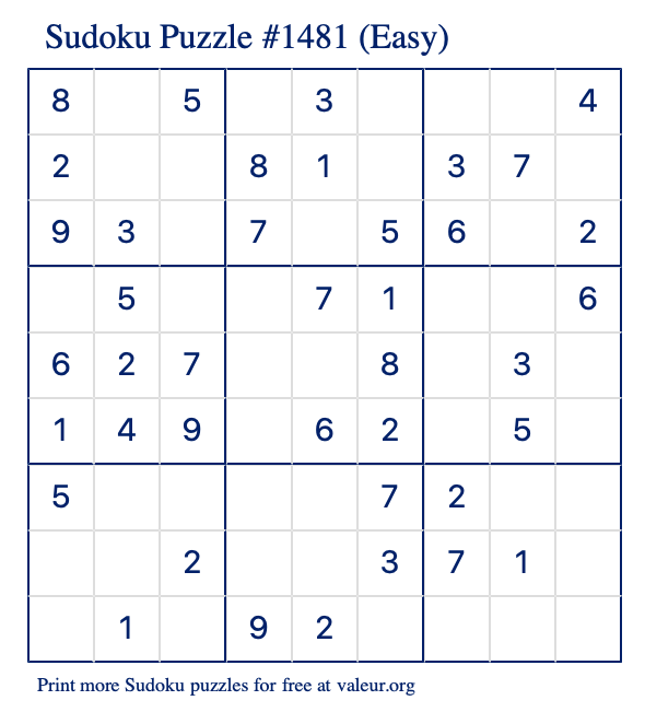 Free Printable Easy Sudoku Puzzle number 1481