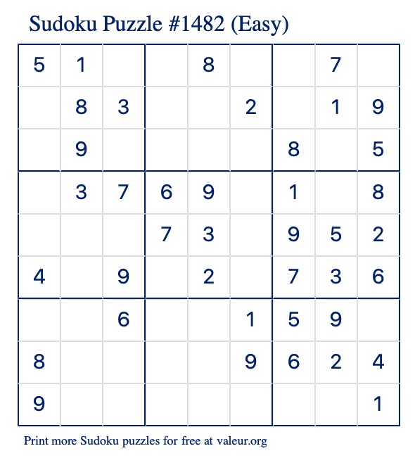 Free Printable Easy Sudoku Puzzle number 1482