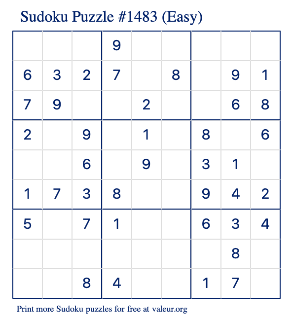 Free Printable Easy Sudoku Puzzle number 1483