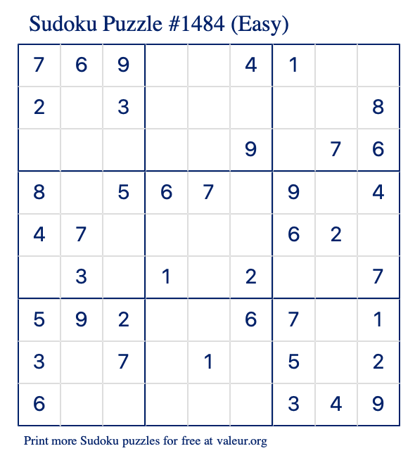 Free Printable Easy Sudoku Puzzle number 1484