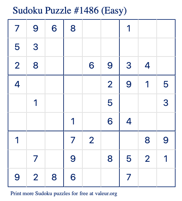 Free Printable Easy Sudoku Puzzle number 1486