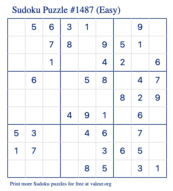Free Printable Easy Sudoku Puzzle number 1487