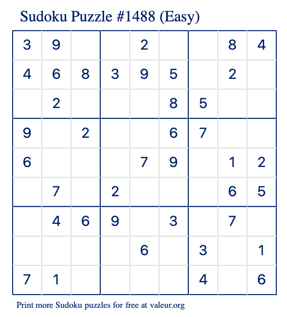 Free Printable Easy Sudoku Puzzle number 1488