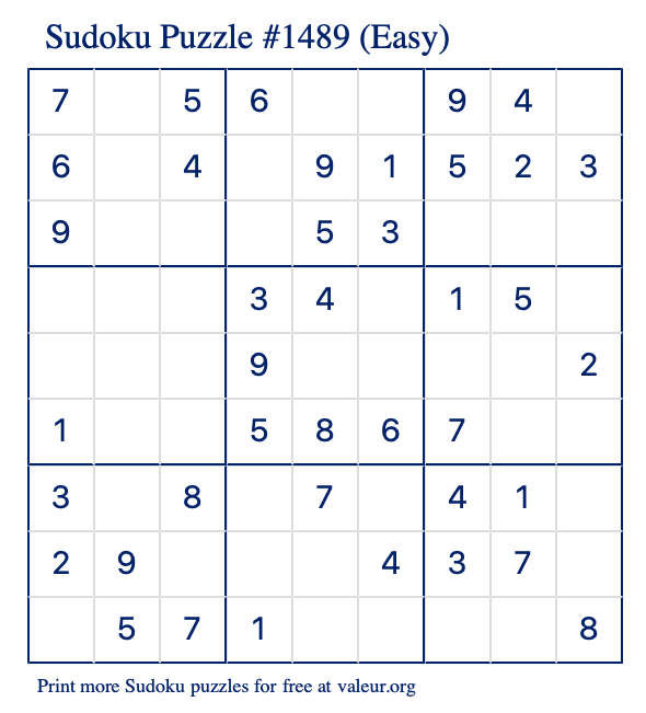 Free Printable Easy Sudoku Puzzle number 1489