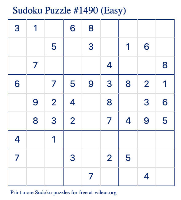 Free Printable Easy Sudoku Puzzle number 1490