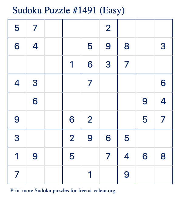 Free Printable Easy Sudoku Puzzle number 1491