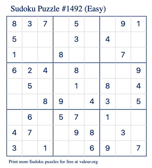 Free Printable Easy Sudoku Puzzle number 1492