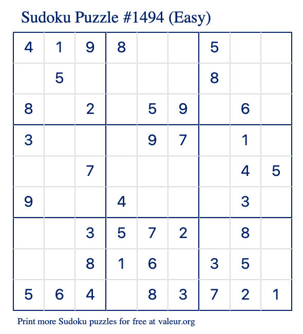 Free Printable Easy Sudoku Puzzle number 1494