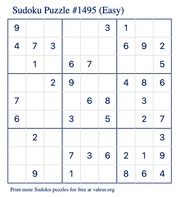 Free Printable Easy Sudoku Puzzle number 1495
