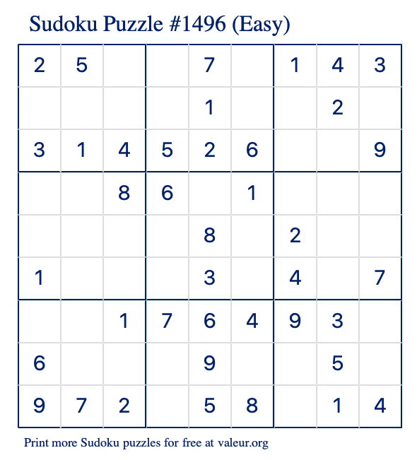 Free Printable Easy Sudoku Puzzle number 1496
