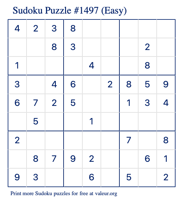 Free Printable Easy Sudoku Puzzle number 1497